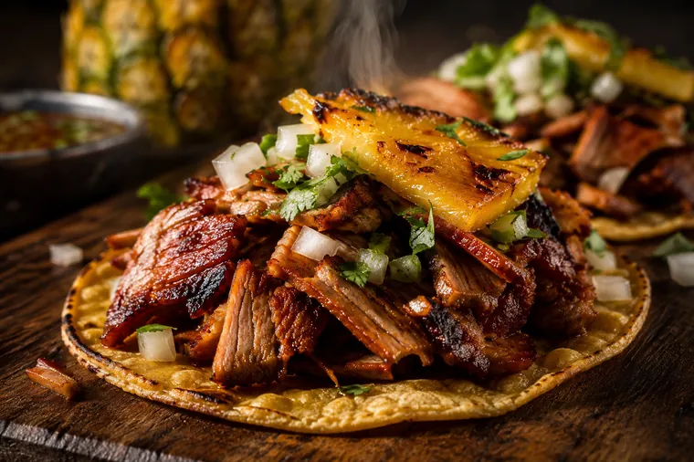 Tacos al pastor with charred pineapple